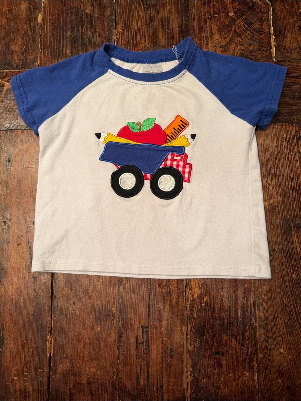 Blue Sleeve White Toddler Tee with School Truck Applique